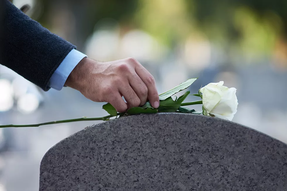 Männliche Hand lebt weiße Rose auf einem Grabstein ab